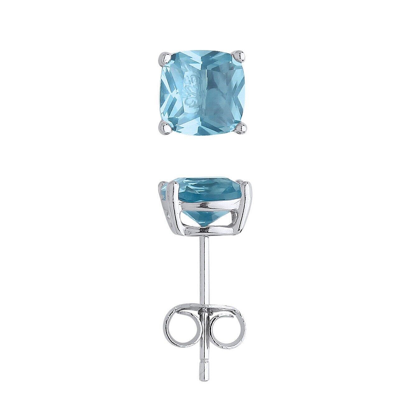 Aquamarine Cushion Stud Earrings Sterling Silver Rhodium Plated 925 Hallmark 6mm