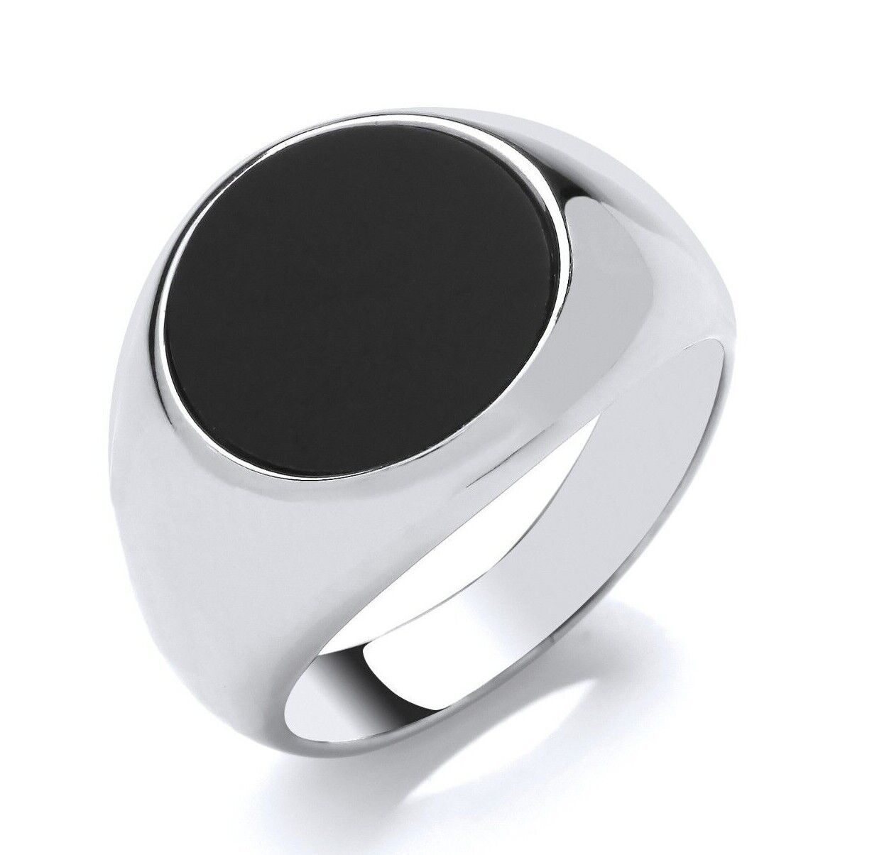 Men's Black Onyx Round Signet Ring Solid Sterling Silver 925 Hallmarked