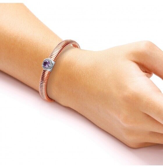 Rose Gold Amethyst Heart Bangle on Solid Sterling Silver Luxurious Packaging