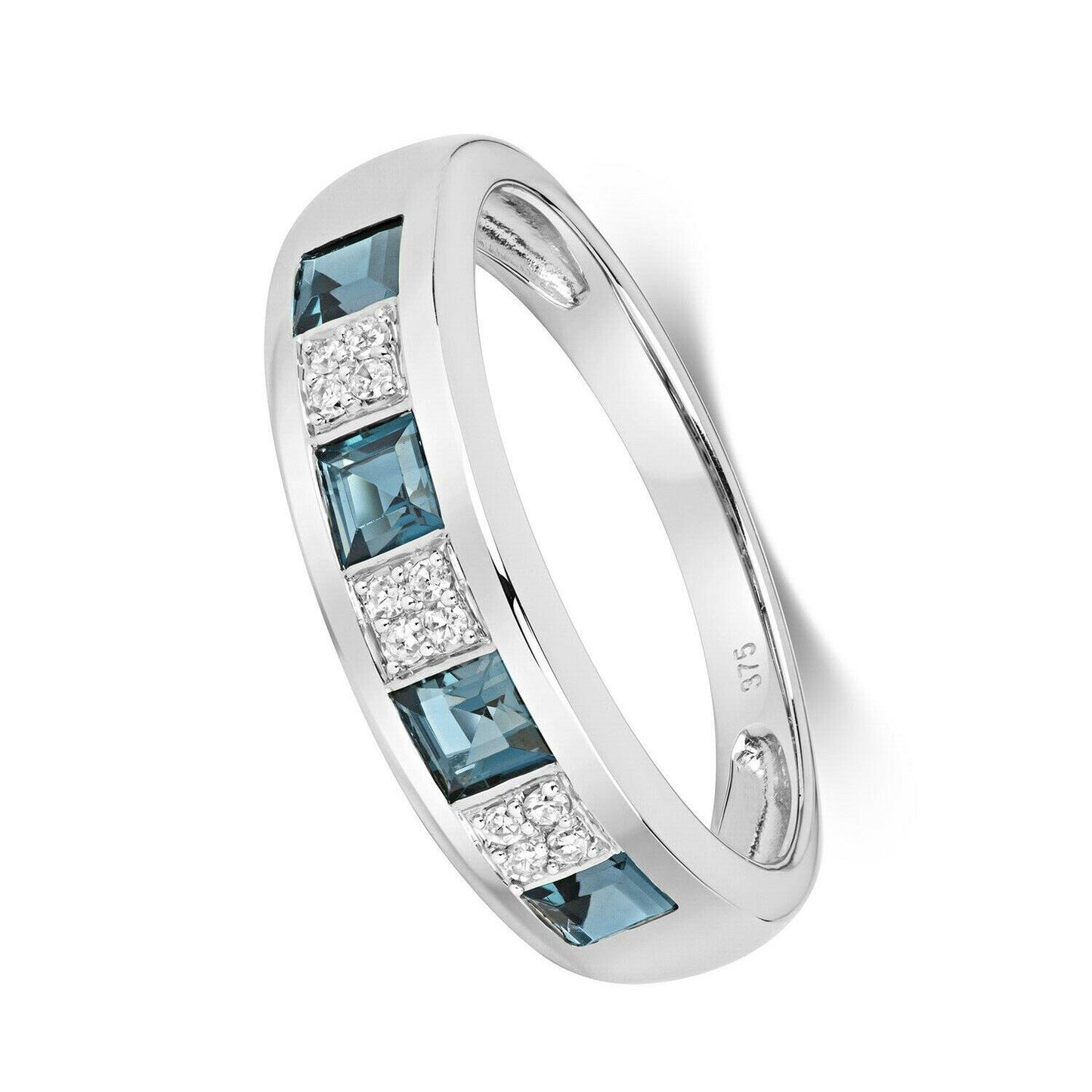 Real London Blue Topaz and Diamond Eternity Ring Solid White Gold Square Cut Gem
