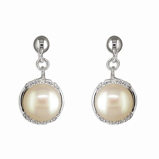 White Freshwater Pearl Earrings Cubic Zirconia Drop Solid Sterling Silver 925