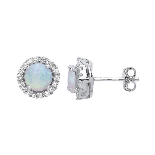 Opal Halo Stud Earrings Solid Sterling Silver Rhodium Plate 925 Hallmark 9mm