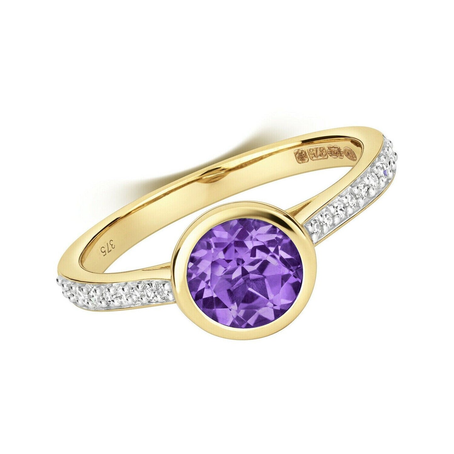 Real Amethyst and Diamond Ring Solid Yellow Gold Flush Solitaire Size JKLMNOPQ