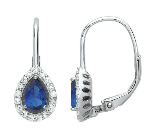 Sapphire Pear Hoop Drop Earrings Sterling Silver Rhodium Plate 925 Hallmark