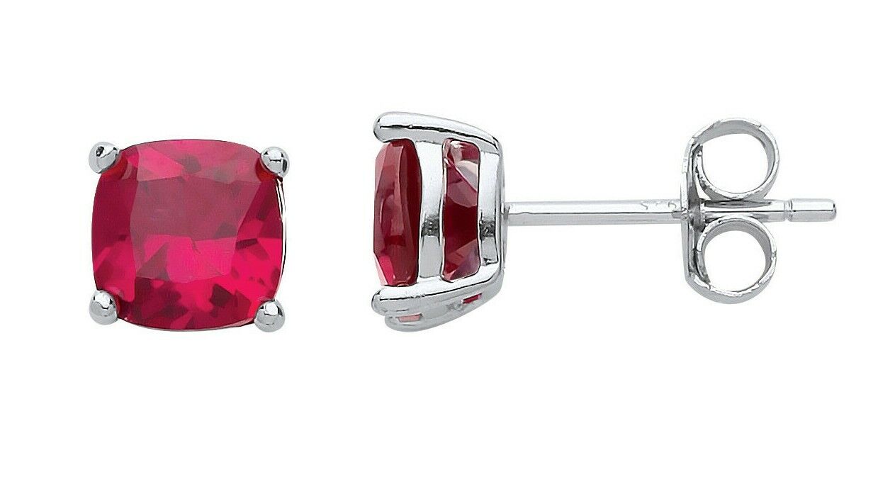 Ruby Cushion Stud Earrings Sterling Silver Rhodium Plated 925 Hallmark 6mm