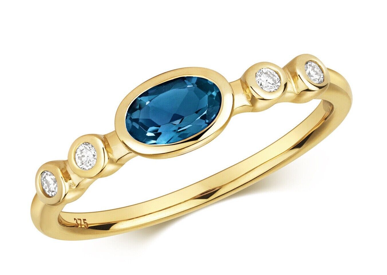 Real London Blue Topaz Solitaire and Diamond Ring Solid Yellow Gold Size J - Q