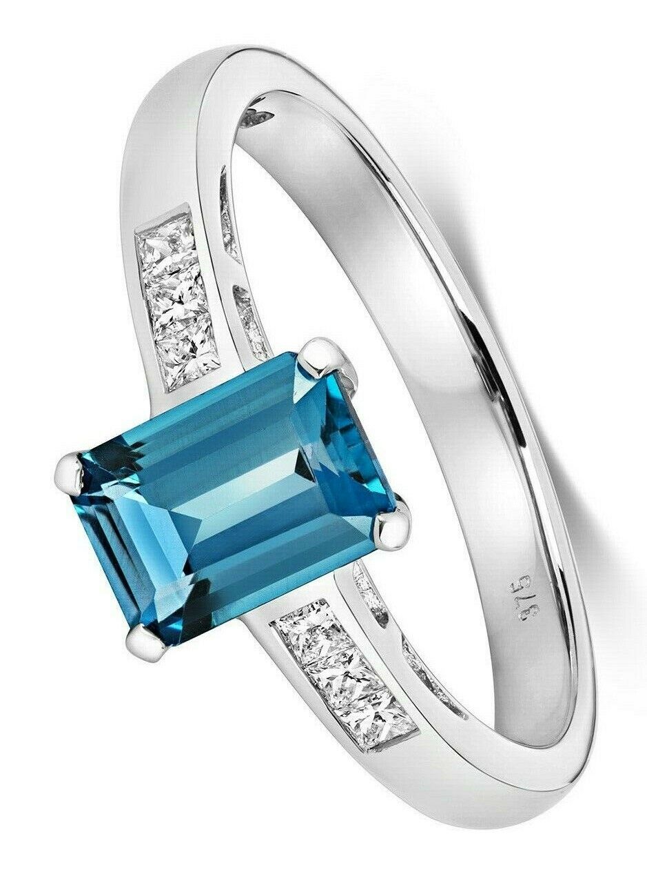 Real London Blue Topaz and Diamond Ring 9ct White Gold Emerald Cut Solitaire