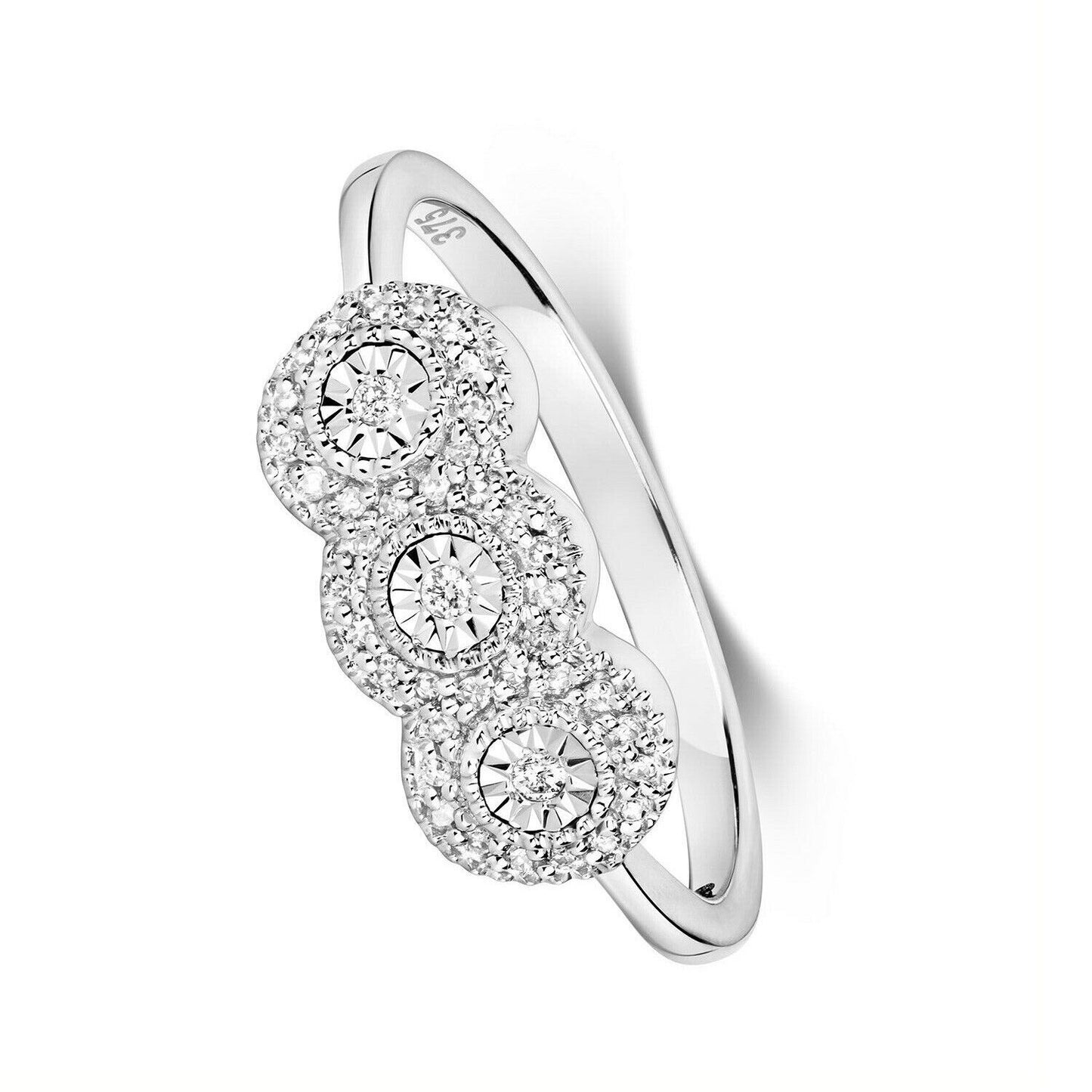 Real Diamond Ring Three Stone Cluster Engagement Solid White Gold