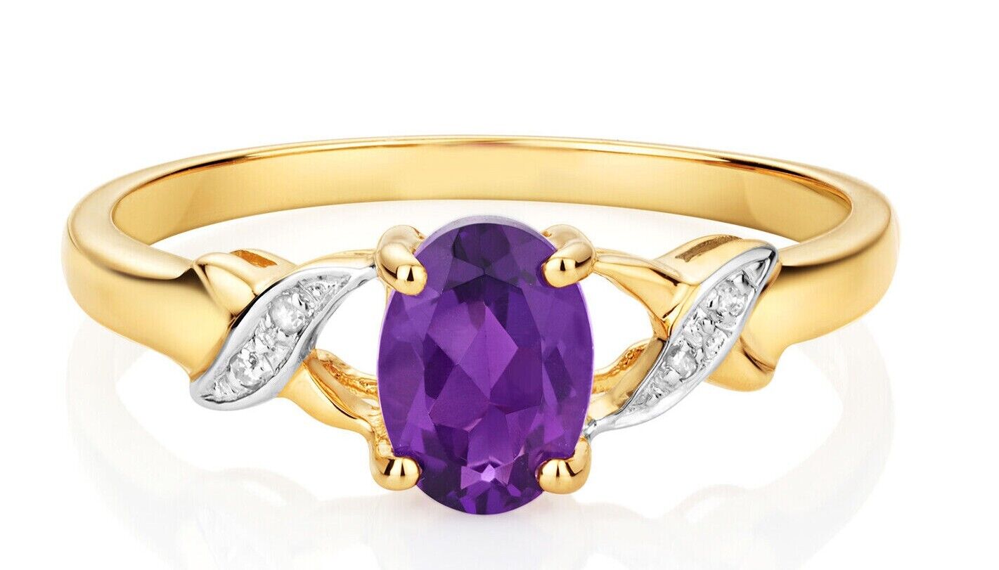 Amethyst and Diamond Ring Oval Solitaire 9ct Yellow Gold Real Stones