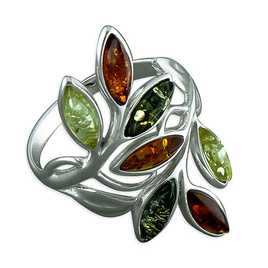 Mixed Amber Leaves Statement Ring Solid Sterling Silver 925