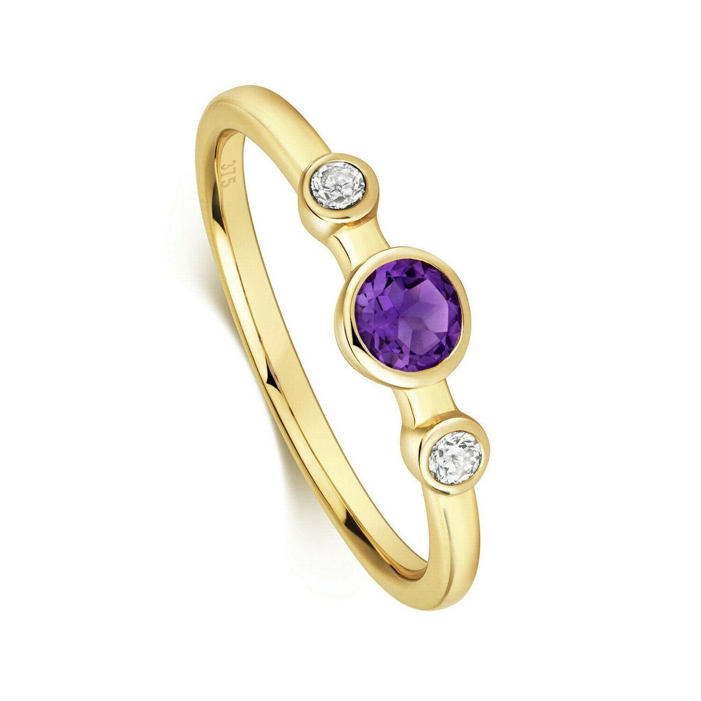 Real Amethyst and Diamond Ring Solid Yellow Gold Three Stone Trilogy Size J - Q