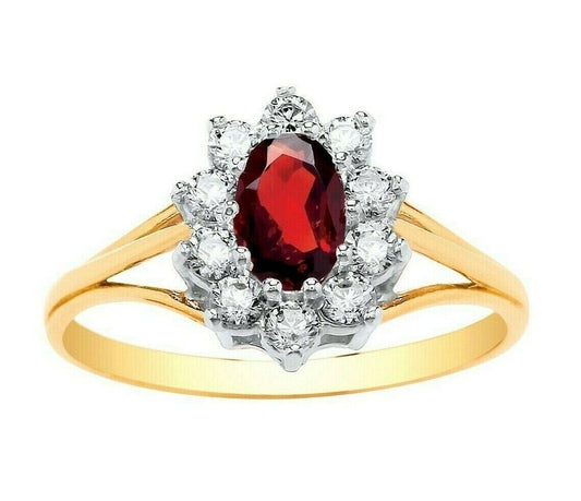 9ct Yellow Gold Garnet Ring Cluster Engagement Dress Fully Hallmarked