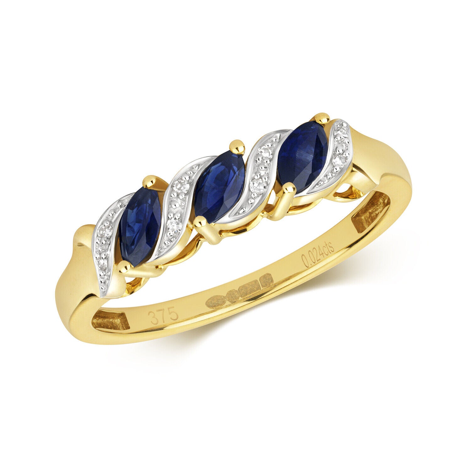 Real Sapphire and Diamond Ring Solid Yellow Gold Marquise Three Stone Size J-Q