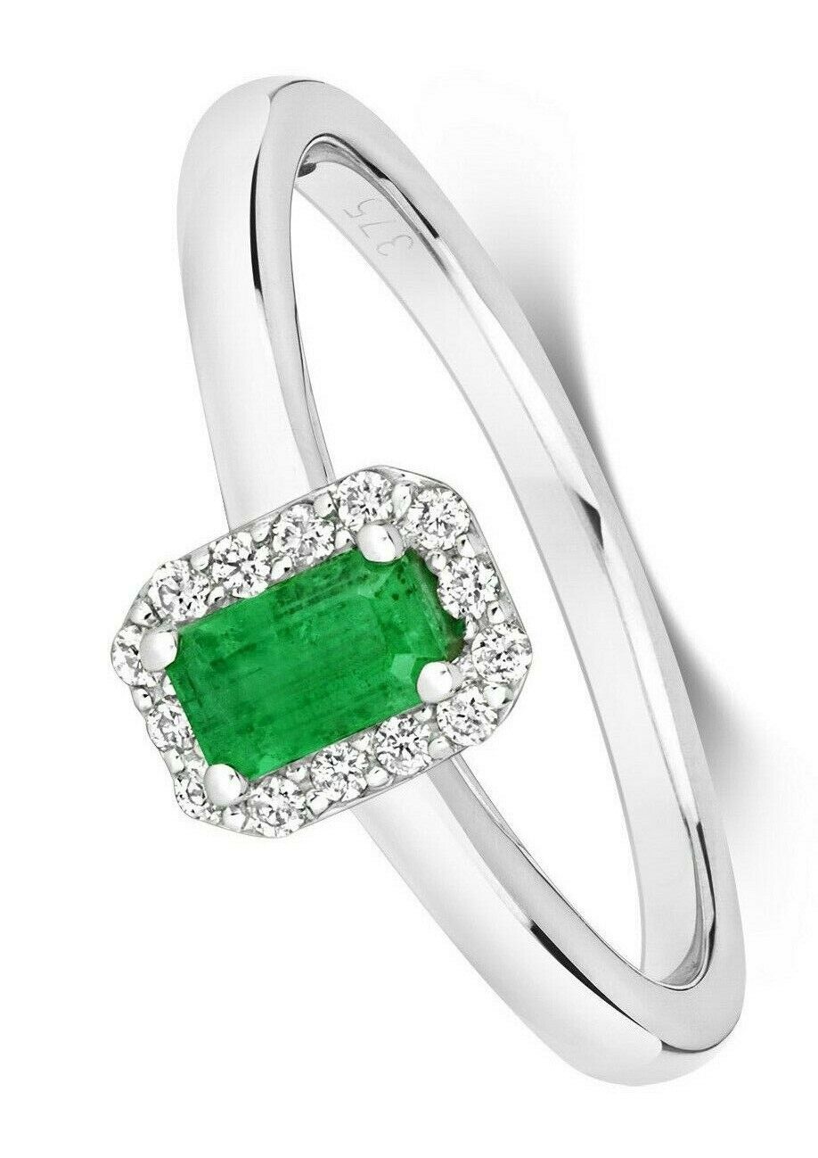 Real Emerald and Diamond Ring Cluster Engagement 9ct White Gold