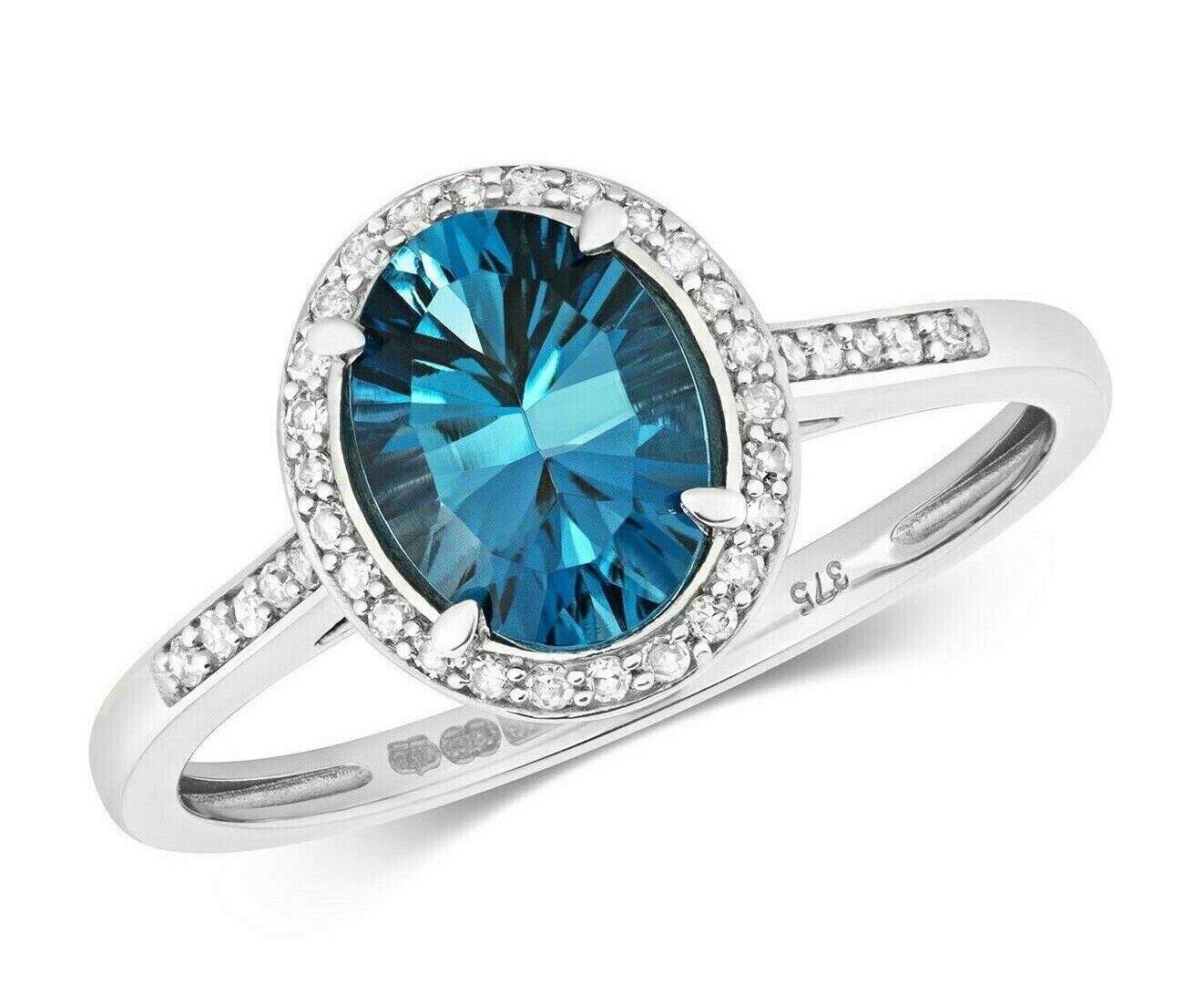 Real London Blue Topaz and Diamond Ring Solid White Gold Oval Gem Size JKLMNOPQ