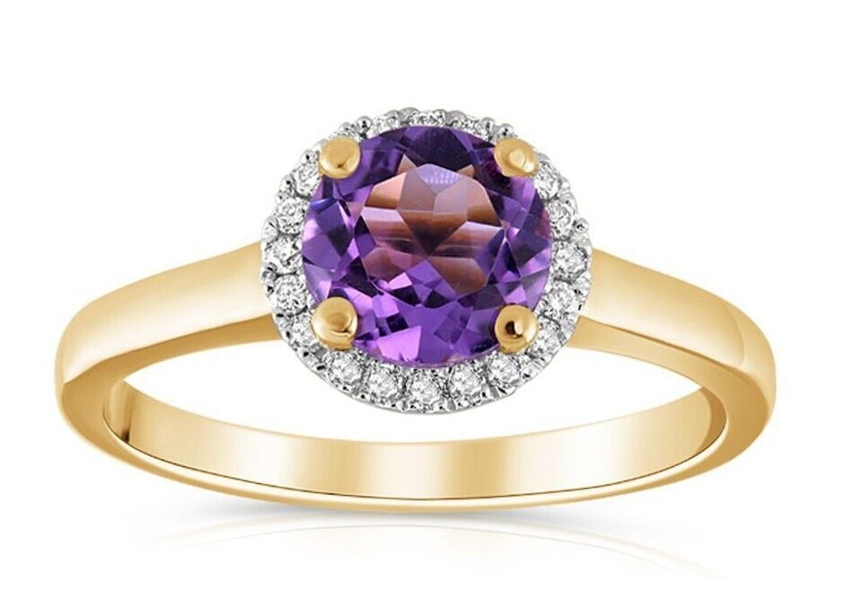 Real Amethyst and Diamond Ring Solid Yellow Gold Round Halo Engagement Size K-Q