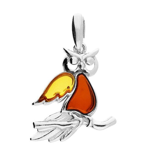 Mixed Amber Owl on Leafy Branch Pendant and Chain Solid Sterling Silver 925