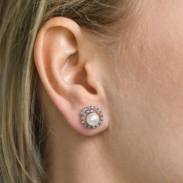 Freshwater Pearl and Diamond Stud Earrings 9ct White Gold 12mm Diameter Hallmark