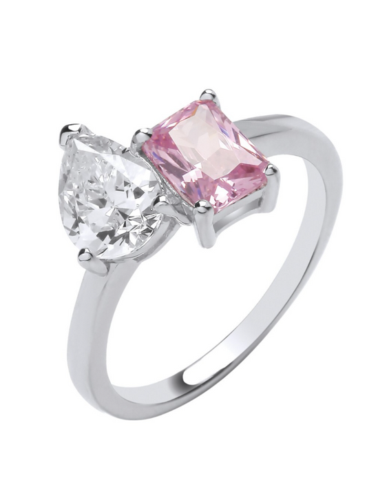 Pink and Clear two Stone Zircon Ring Sizes J-Q British Made Silver 925 Hallmark