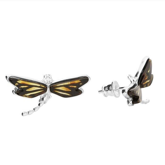 Striking Amber Dragonfly Stud Earrings Solid Sterling Silver 925