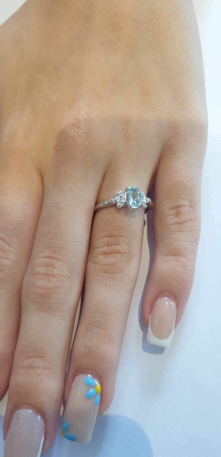 Aquamarine and Diamond Ring Leaf Design Shoulders 9ct White Gold Size J - Q