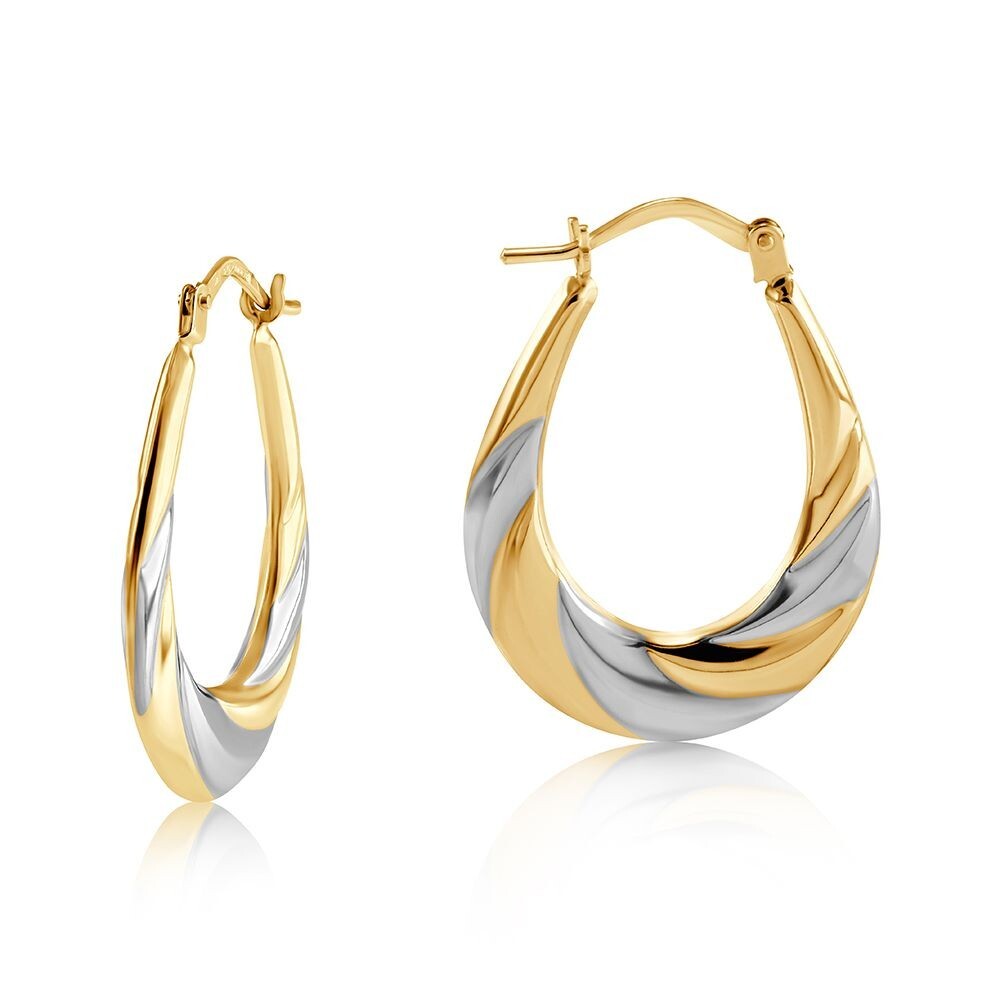Two Colour Gold Oval Hoop Earrings Hallmarked Yellow and White Gold Hoops