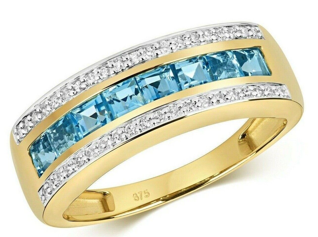 9ct Yellow Gold Blue Topaz and Diamond Eternity Band Ring 6mm Wide Anniversary