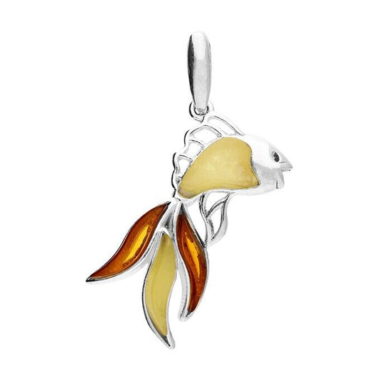 Pretty Amber Fish Pendant With Chain Solid Sterling Silver 925
