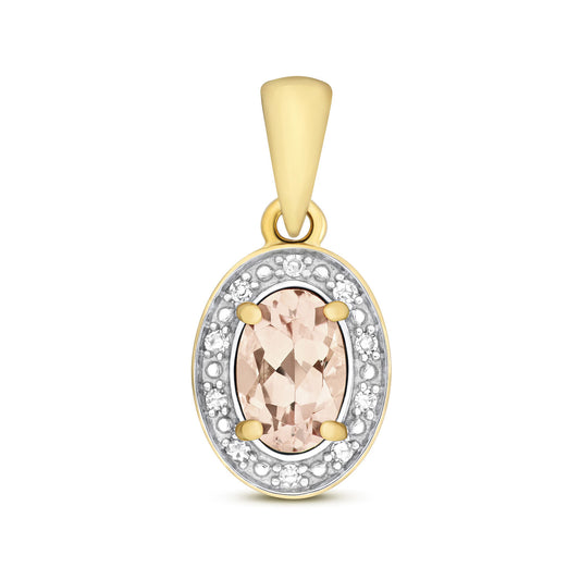 Morganite and Diamond Halo Ova Pendant 9ct Yellow Gold Necklace Real Stones