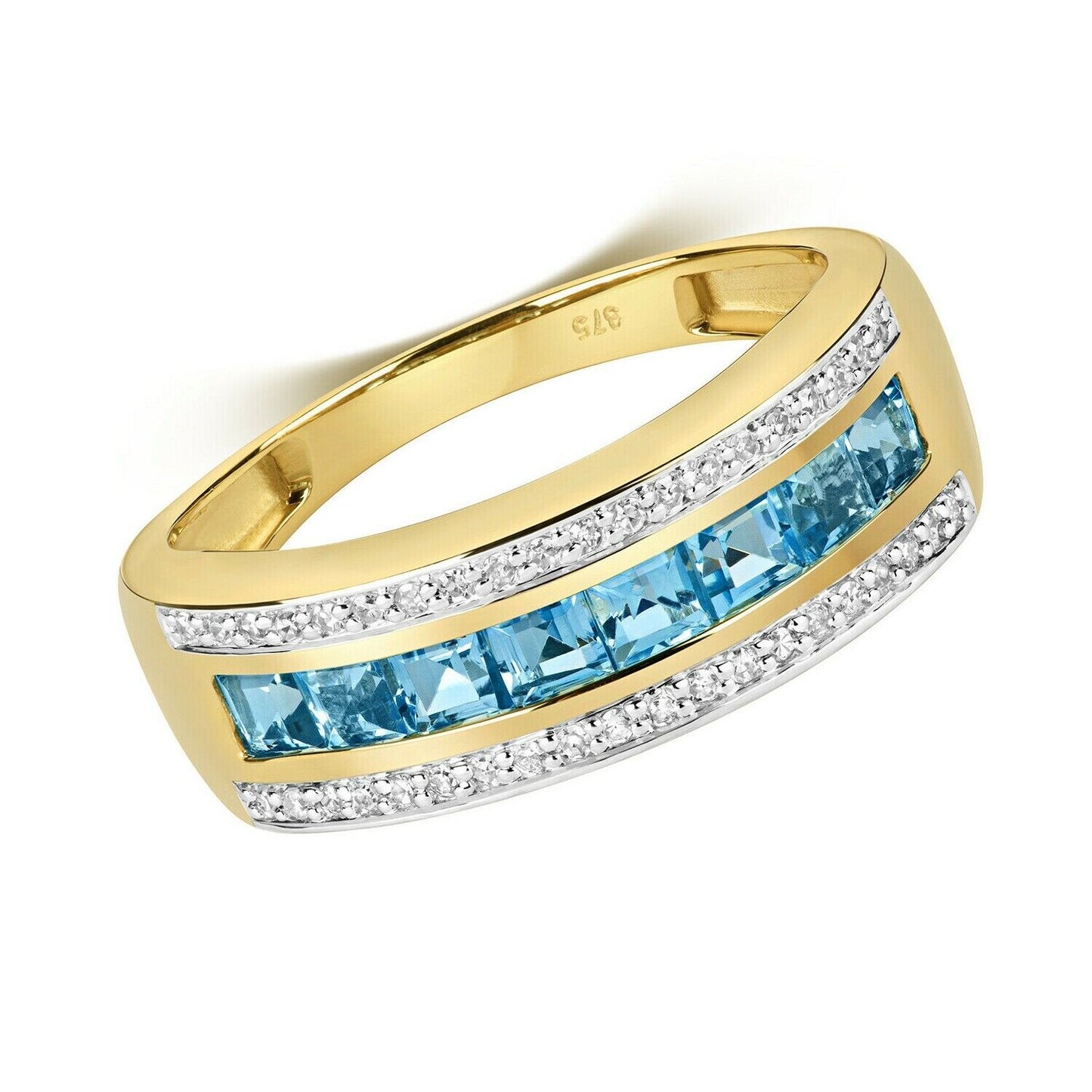 9ct Yellow Gold Blue Topaz and Diamond Eternity Band Ring 6mm Wide Anniversary