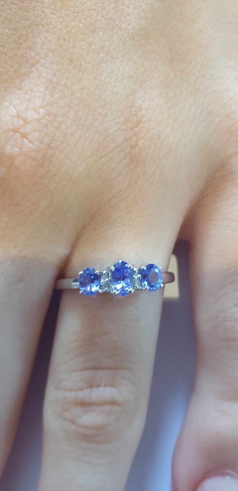 Real Tanzanite and Diamond Ring 9ct White Gold Trilogy Three Stone Size J - Q