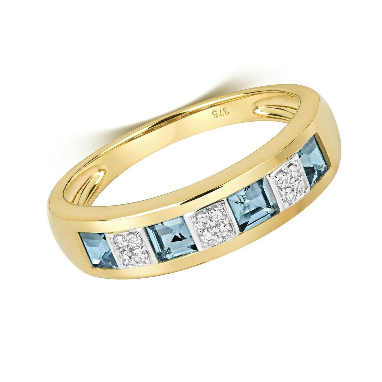 Real Blue Topaz and Diamond Eternity Ring Solid Yellow Gold Princess Cut Band