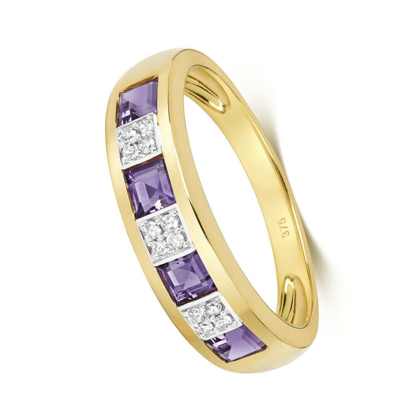 Real Amethyst and Diamond Eternity Ring Solid Yellow Gold Square Princess Band