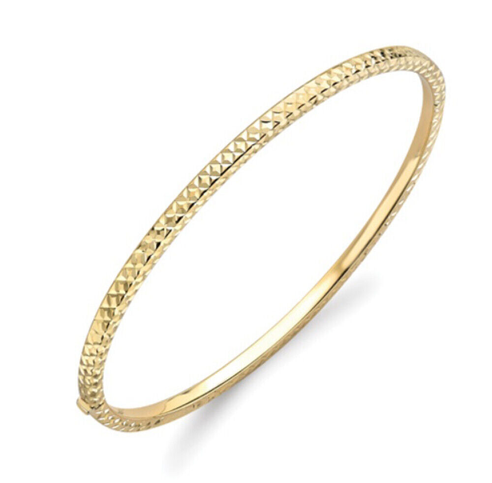 Yellow Gold Hinged Bangle Modern Texture Hallmarked British Made Ladies Bracelet