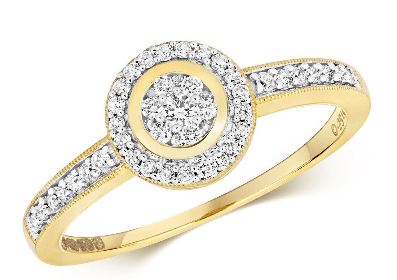Real Diamond Ring Round 9ct Yellow Gold Halo Cluster 0.25ctw Engagement