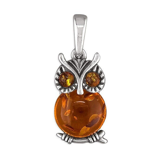 Cognac Amber Owl Pendant and Chain Solid Sterling Silver 925