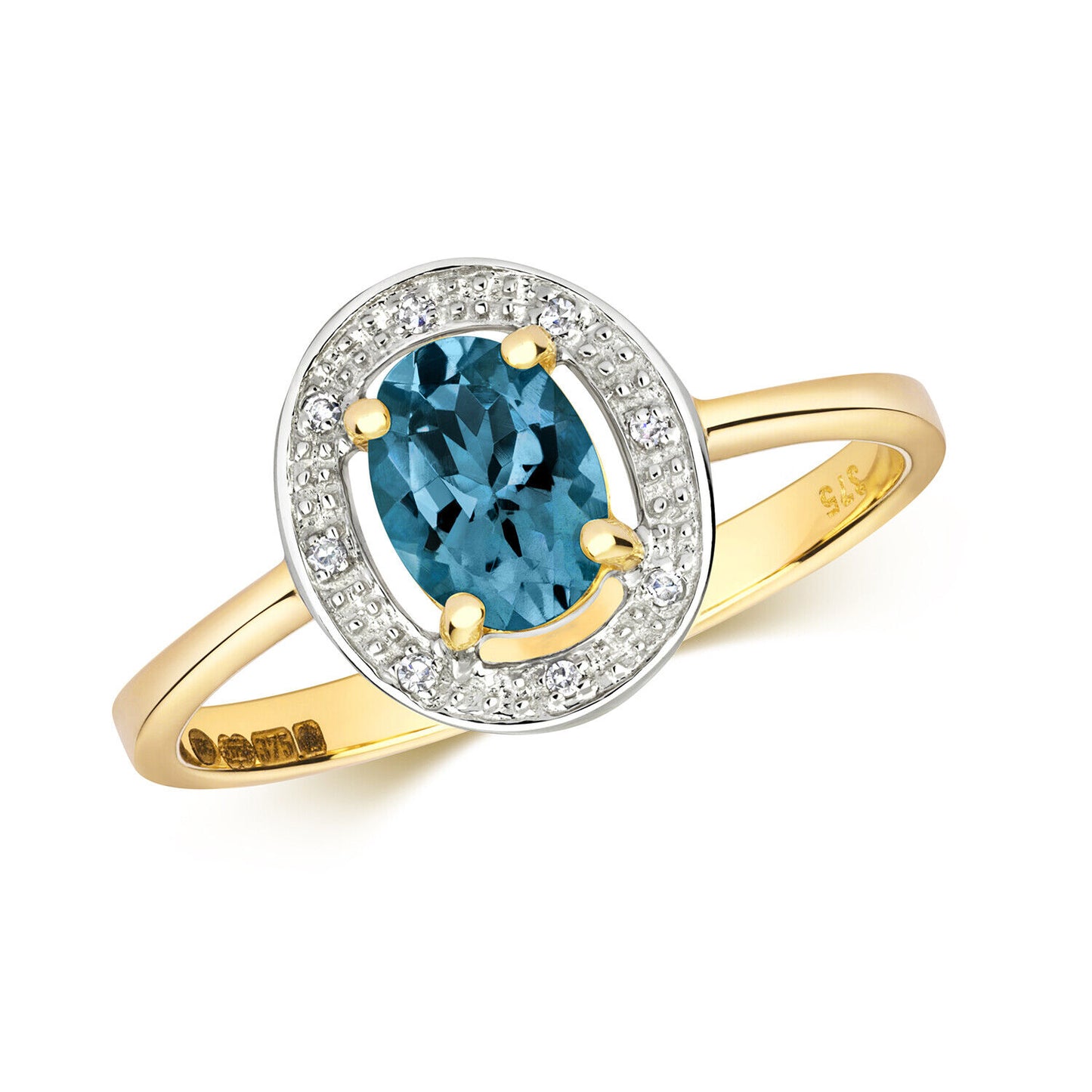 Real London Blue Topaz and Diamond Ring Solid Yellow Gold Oval Halo Size J-Q