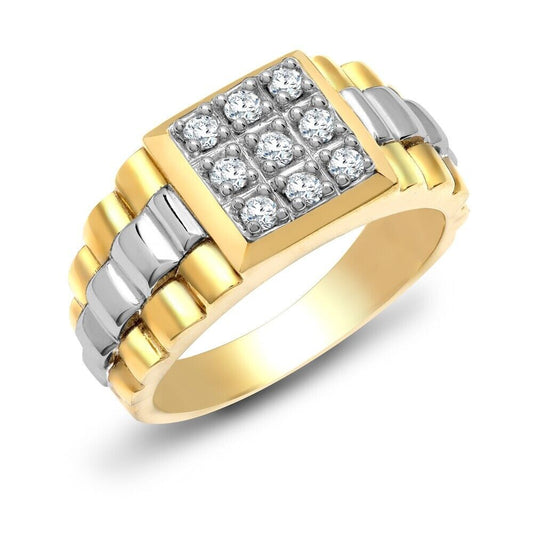 9ct White And Yellow Gold Gents Natural Diamond Ring Signet Pinky Hallmarked