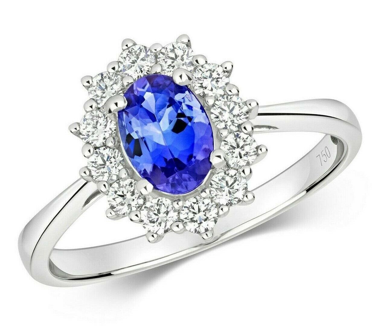 Real Tanzanite and Diamond Ring 18ct White Gold Oval Cluster Engagement