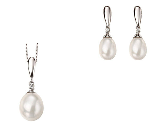 Freshwater Pearl and Diamond Pendant & Earrings White Gold 16 18 or 20" Chain
