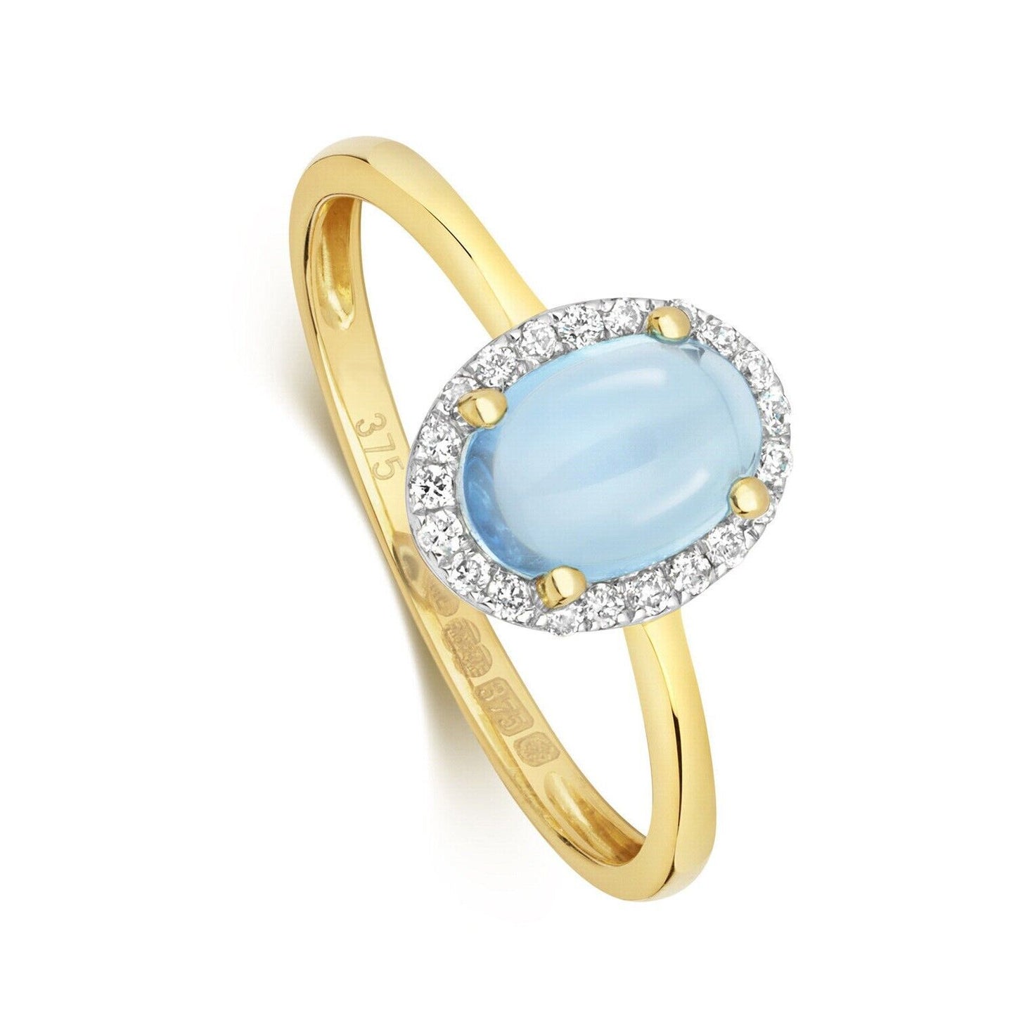 Real Blue Topaz Cabochon and Diamond Ring Solid Yellow Gold Oval Gem Size J - Q