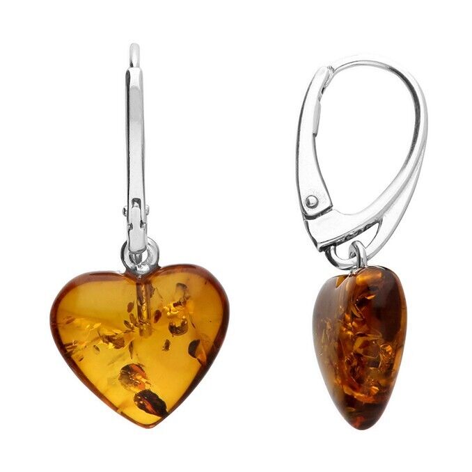 Cognac Amber Heart Drop Earrings Solid 925 Sterling Silver