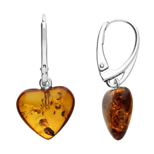Cognac Amber Heart Drop Earrings Solid 925 Sterling Silver
