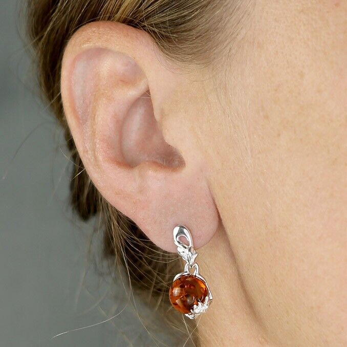 Cognac Amber Flower Drop Earrings Solid Sterling Silver 925