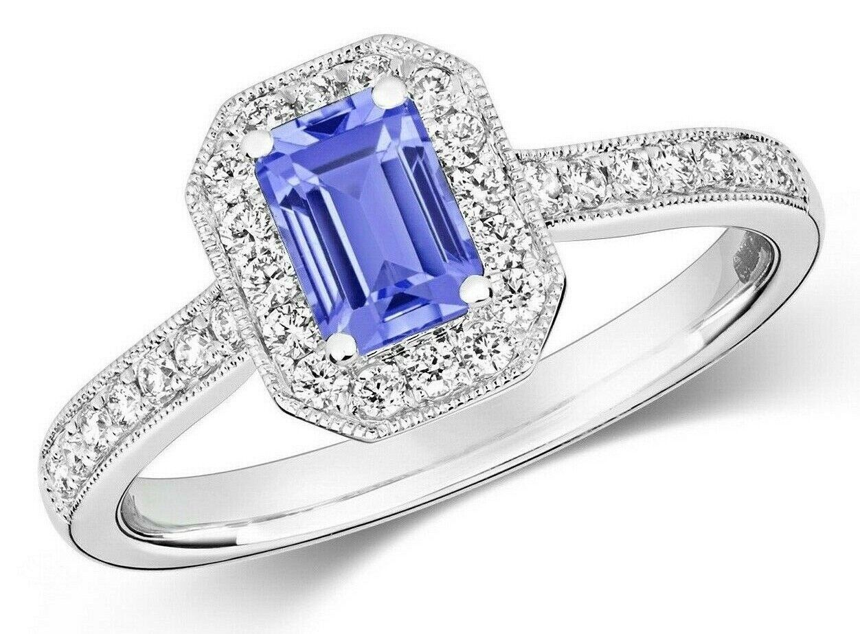 Real Tanzanite and Diamond Ring 9ct White Gold Emerald Cut Cluster Size J - Q