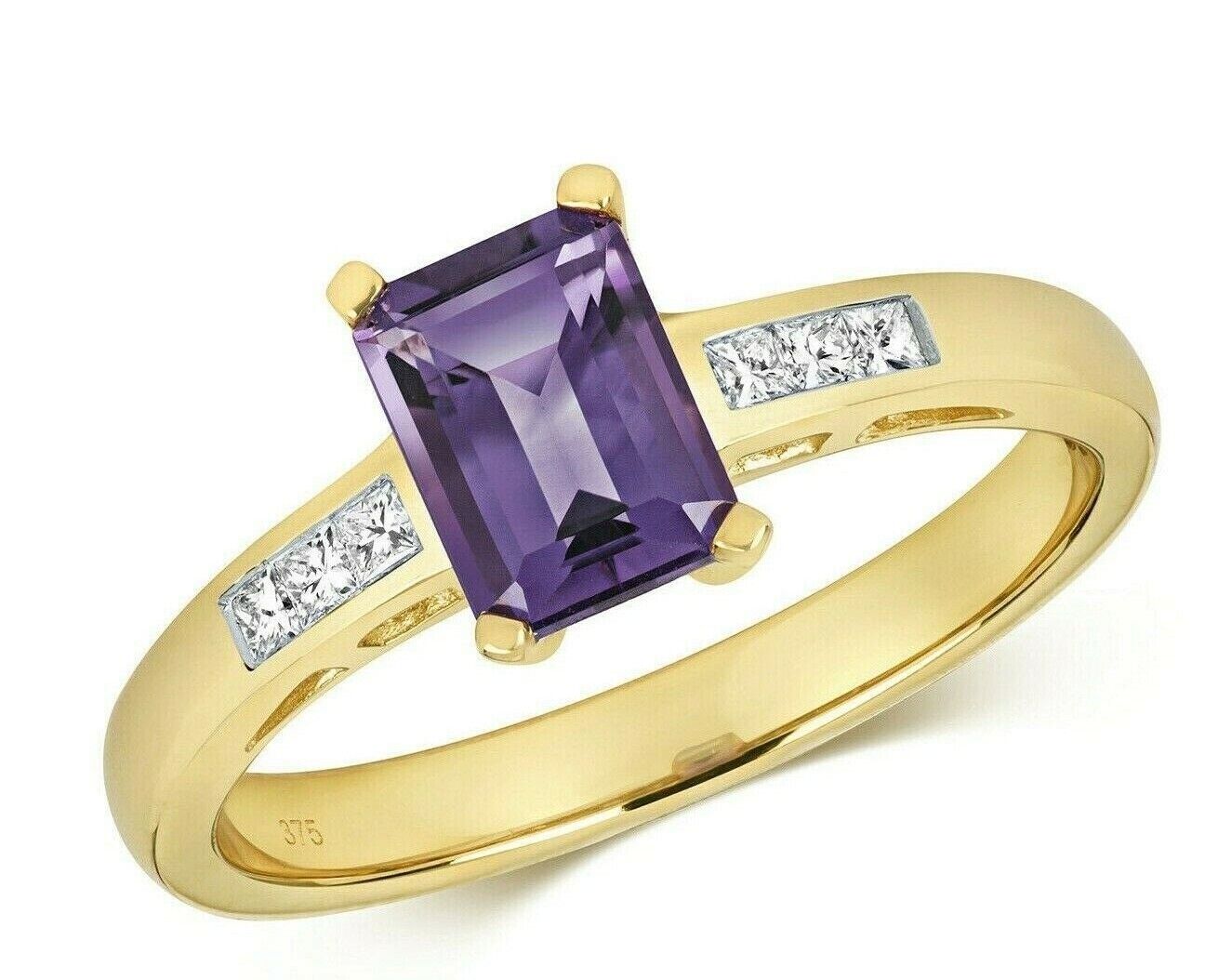 Real Amethyst and Diamond Ring 9ct Yellow Gold Solitaire Size JKLMNOPQ