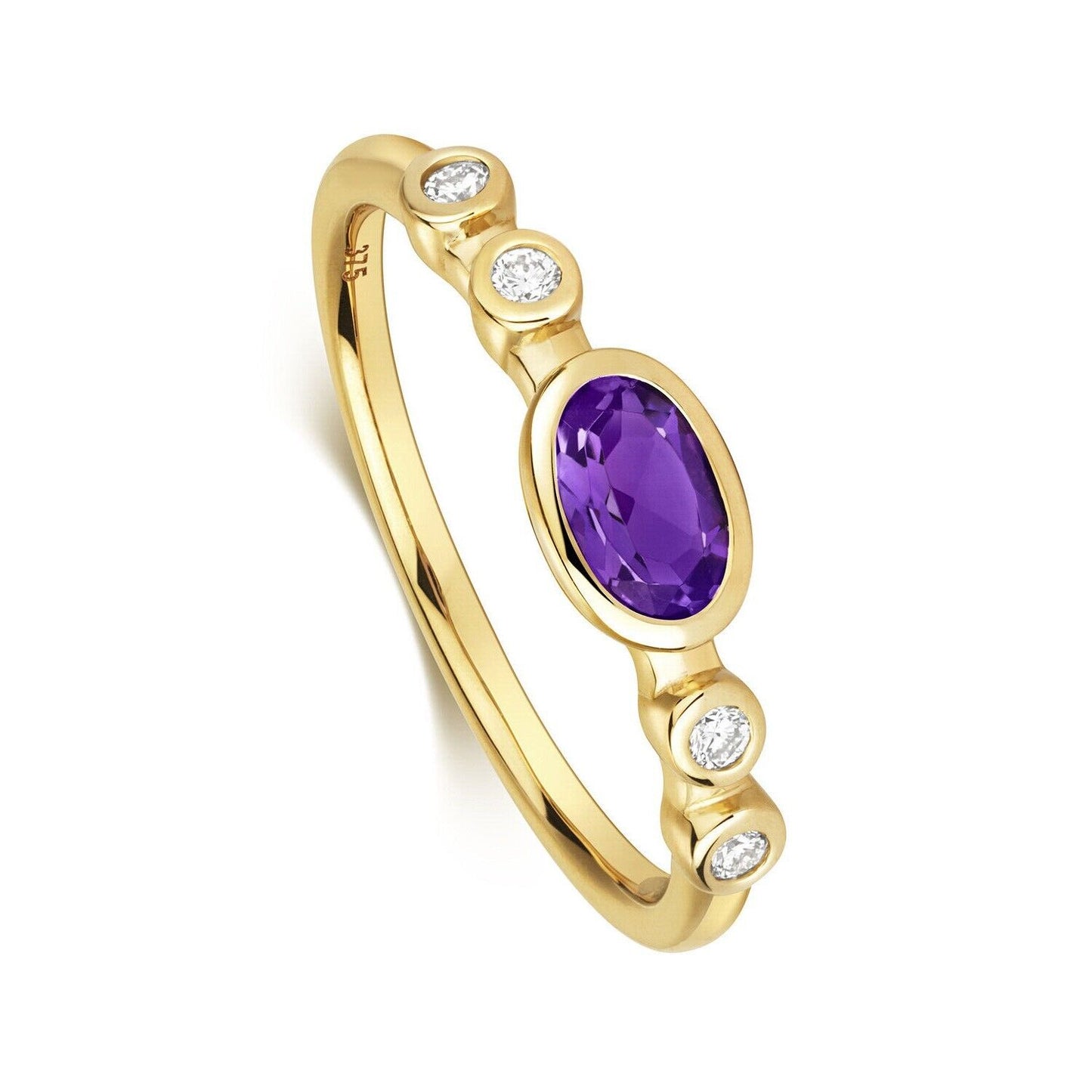 Real Amethyst Oval Solitaire and Diamond Ring Solid Yellow Gold Size J - Q