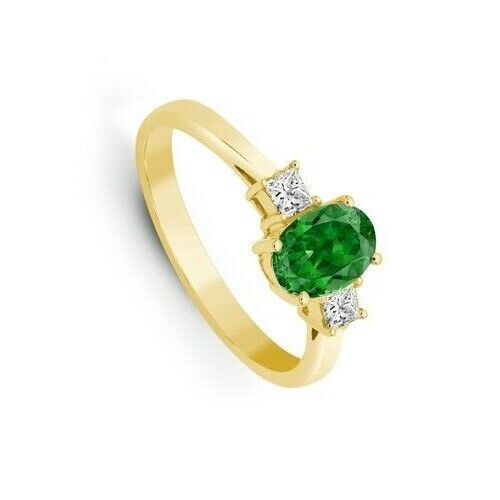 Real Emerald and Diamond Ring 18ct Yellow Gold Three Stone Trilogy