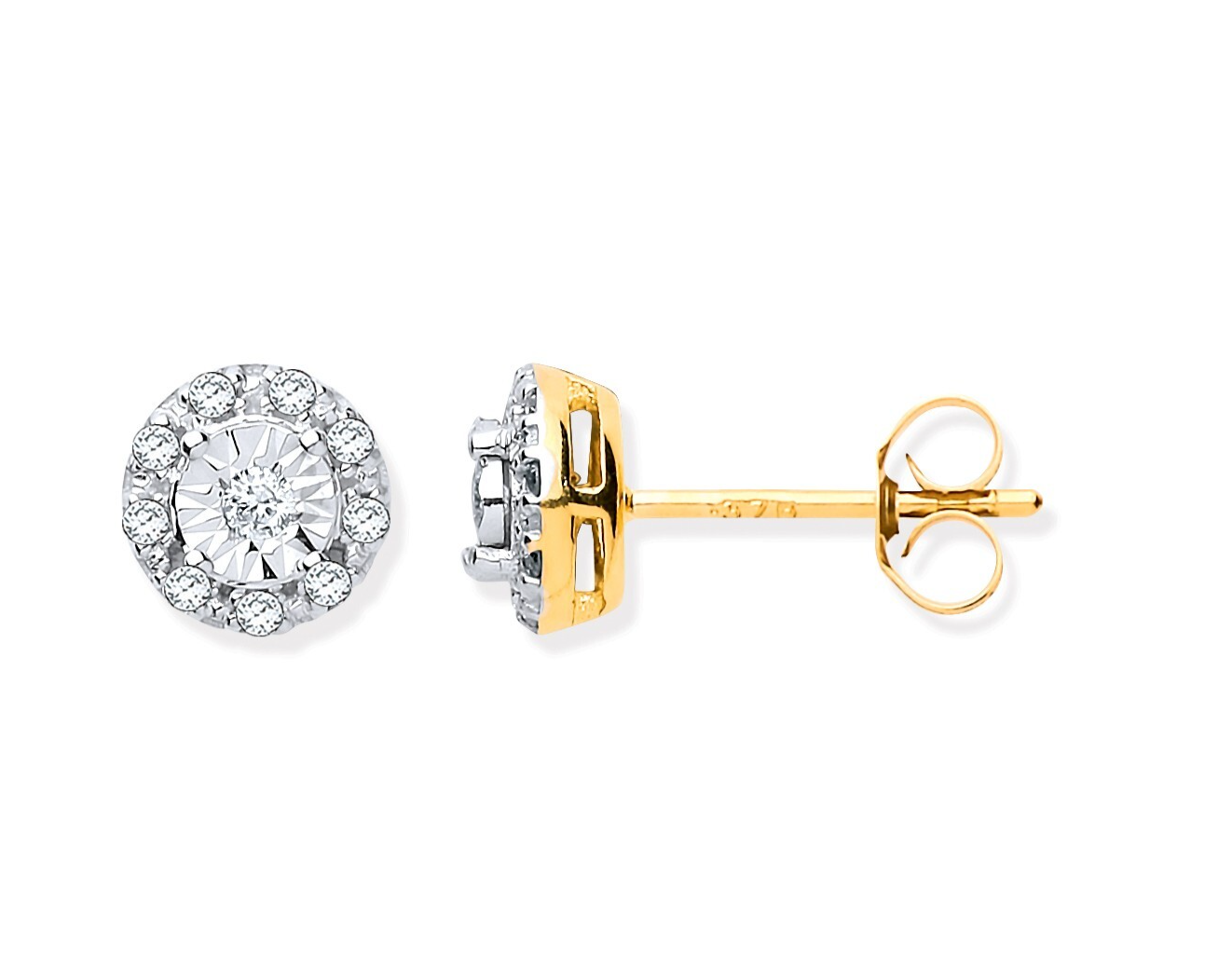 9ct Yellow Gold 0.13ct Diamond Stud Earrings Hallmarked - 7mm