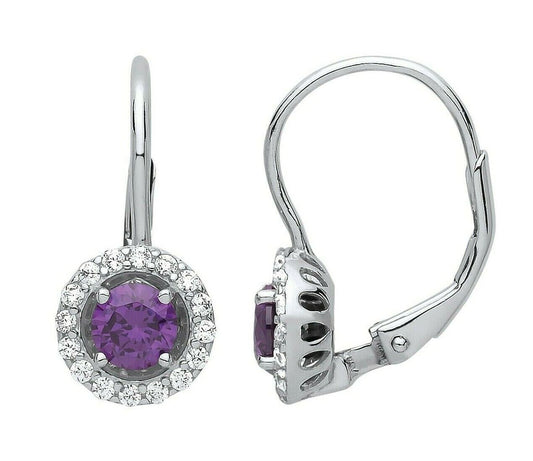 Amethyst Hoop Drop Earrings Solid Sterling Silver Rhodium Plated 925 Hallmark